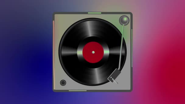 乙烯唱机播放带有红色标签的唱片 背景的颜色是不断变化的 矢量图像的动画制作 — 图库视频影像