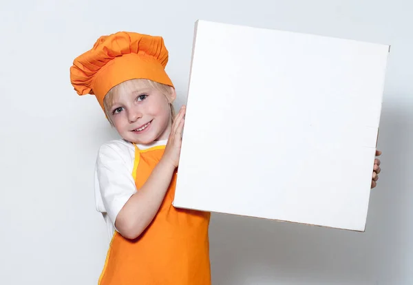 Portret Van Weinig Kok Met Een Doos Voor Pizza — Stockfoto