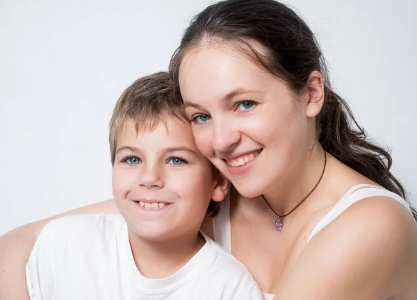Happy Mother Son Isolated Light Background — Stock Photo, Image