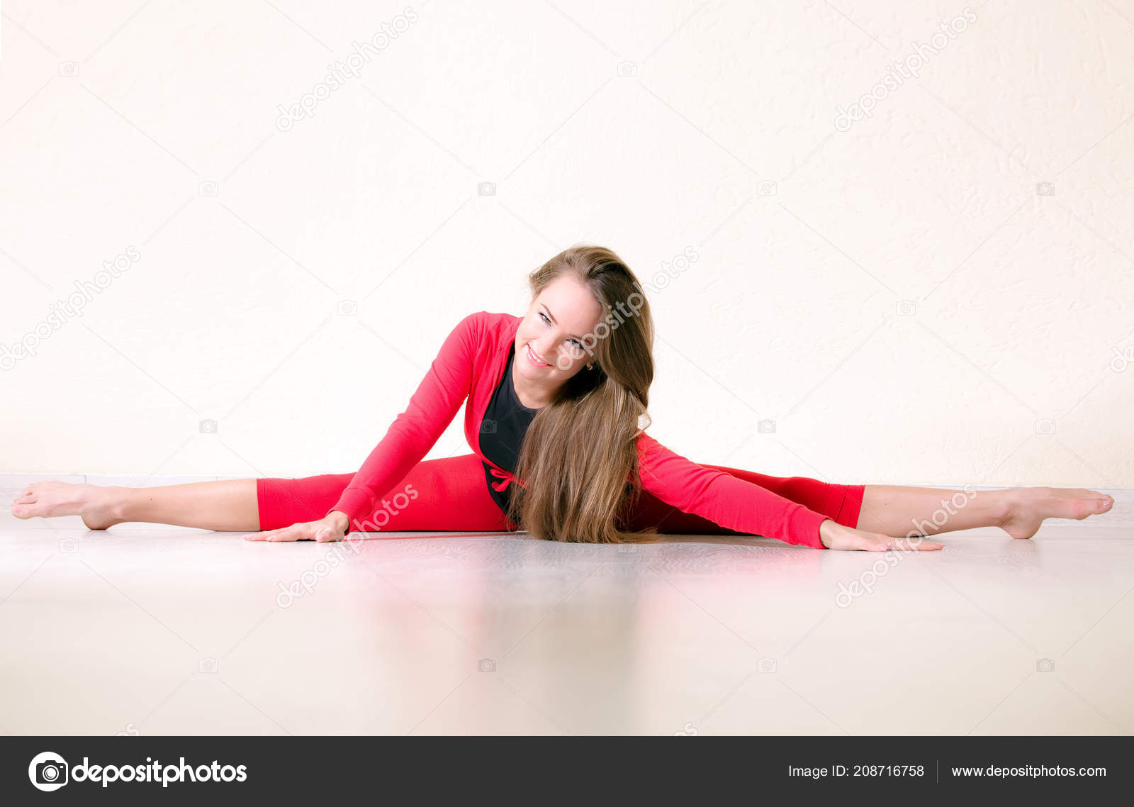 Pretty Flexible Dancer Woman Sit Floor Dance Studio Stretching