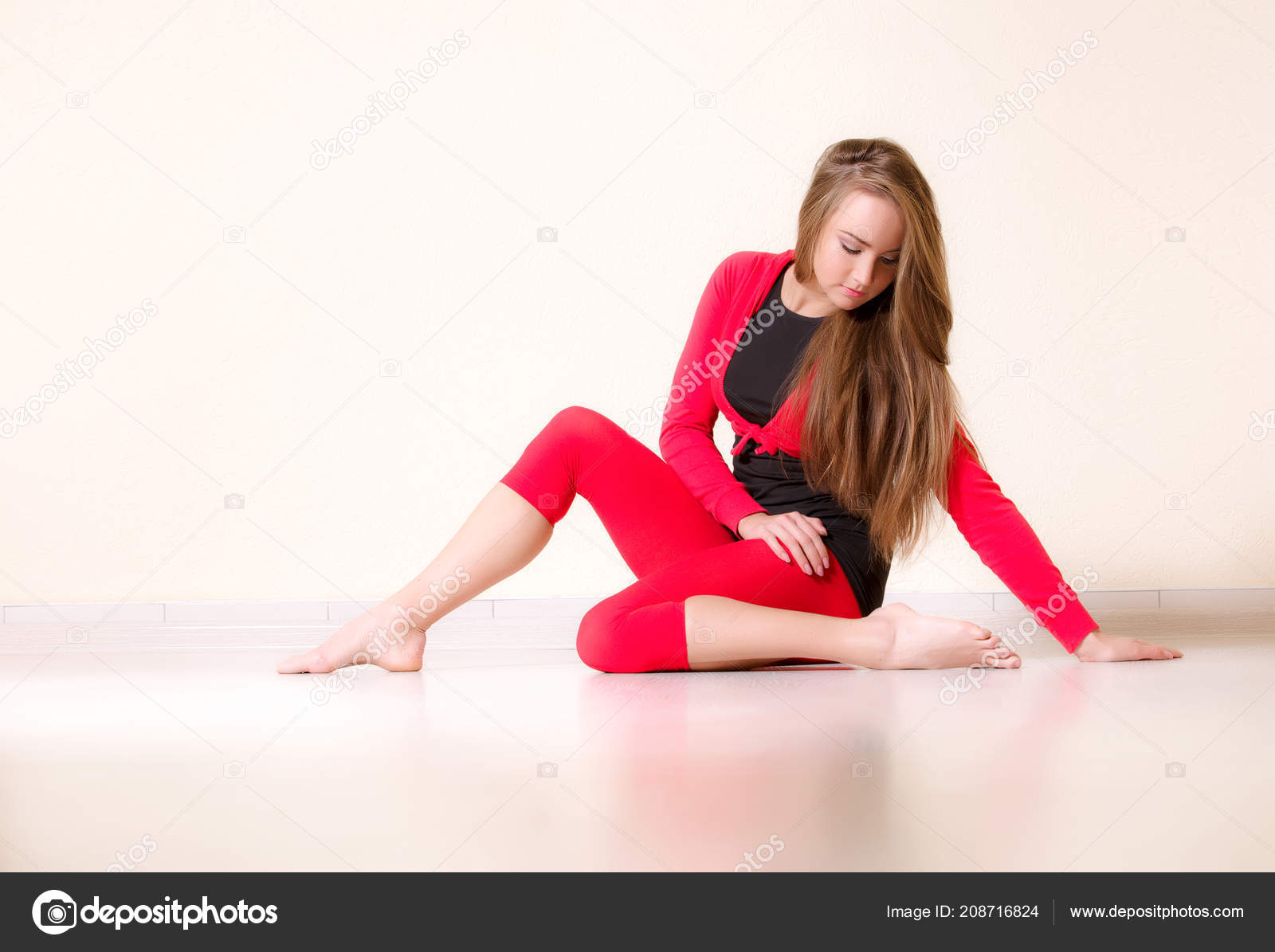 Pretty Flexible Dancer Woman Sit Floor Dance Studio Stretching