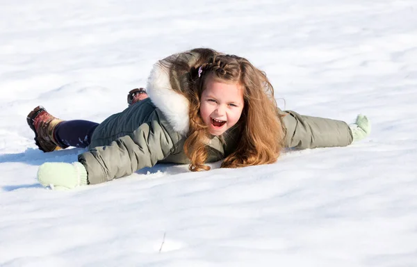 Gelukkig Kind Vaststelling Sneeuw — Stockfoto