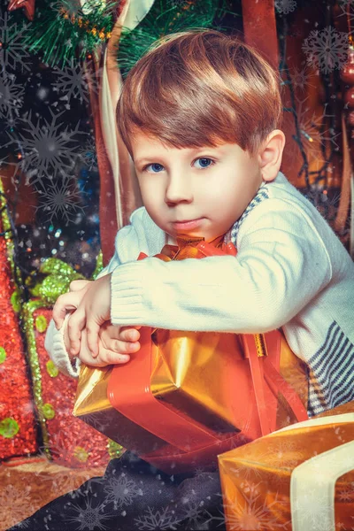 Portrait Adorable Boy New Year Gifts — Stock Photo, Image