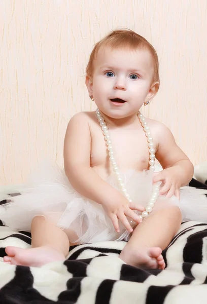 Portrait Newborn Baby Lying Bed Pearl Necklace — Stock Photo, Image