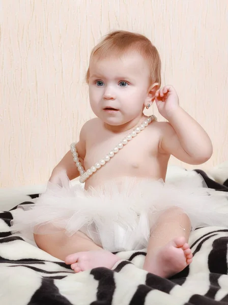 Portrait Newborn Baby Lying Bed Pearl Necklace — Stock Photo, Image