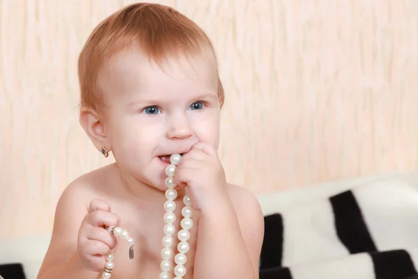 Portrait Newborn Baby Lying Bed Pearl Necklace — Stock Photo, Image