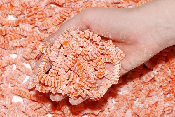 Cropped Image Woman Holding Uncooked Pink Colored Pasta Pieces — 스톡 사진