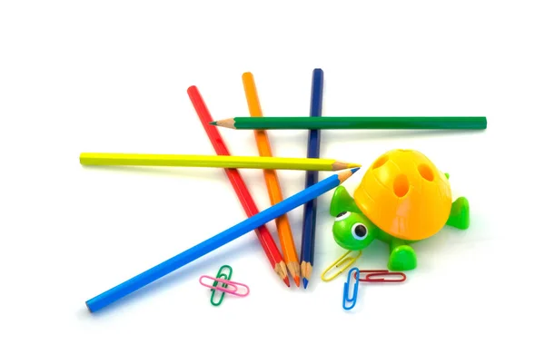 Close Colored Pencils Pencil Sharpener Shape Turtle White Background — Stock Photo, Image