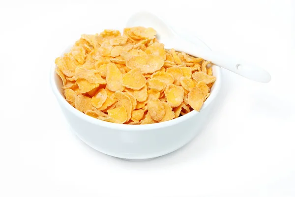 Witte Kom Met Cornflakes Geïsoleerd Wit — Stockfoto