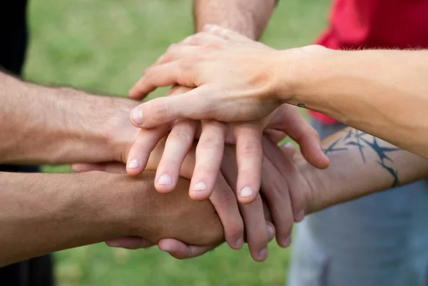 Cropped Image Team Sportsmen Putting Hands Together Lawn — Stock Photo, Image