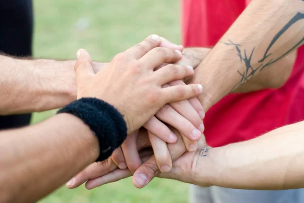 Eller Birlikte Çim Koyarak Sporcular Takımının Kırpılmış Görüntü — Stok fotoğraf