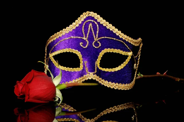 Beautiful Violet Carnival Mask Red Rose Black Background — Stock Photo, Image