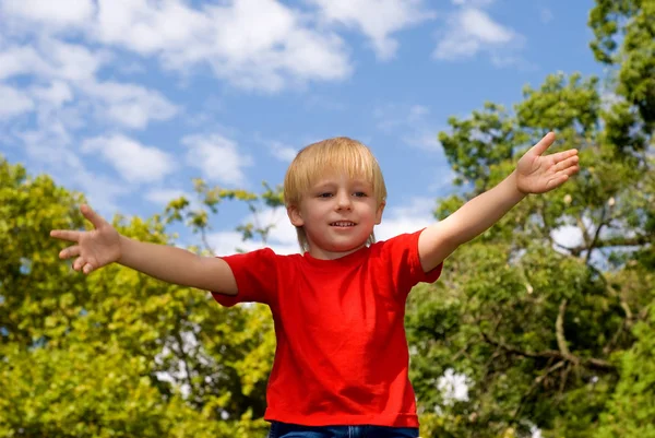 Kleiner Junge Mit Offenen Händen Den Himmel Erhoben — Stockfoto
