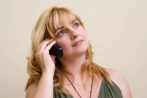 Beautiful Blonde Woman Talking Mobile Phone Posing Light Background — Stock Photo, Image