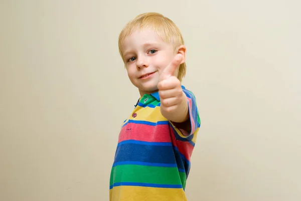 Happy Little Boy Showing Thumb Standing Light Background Copy Space — Stock Photo, Image
