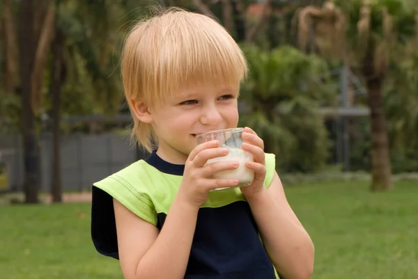 Outdoor Portrait Happy Little Boy Holding Glass Milk Standing Blur Stock Image