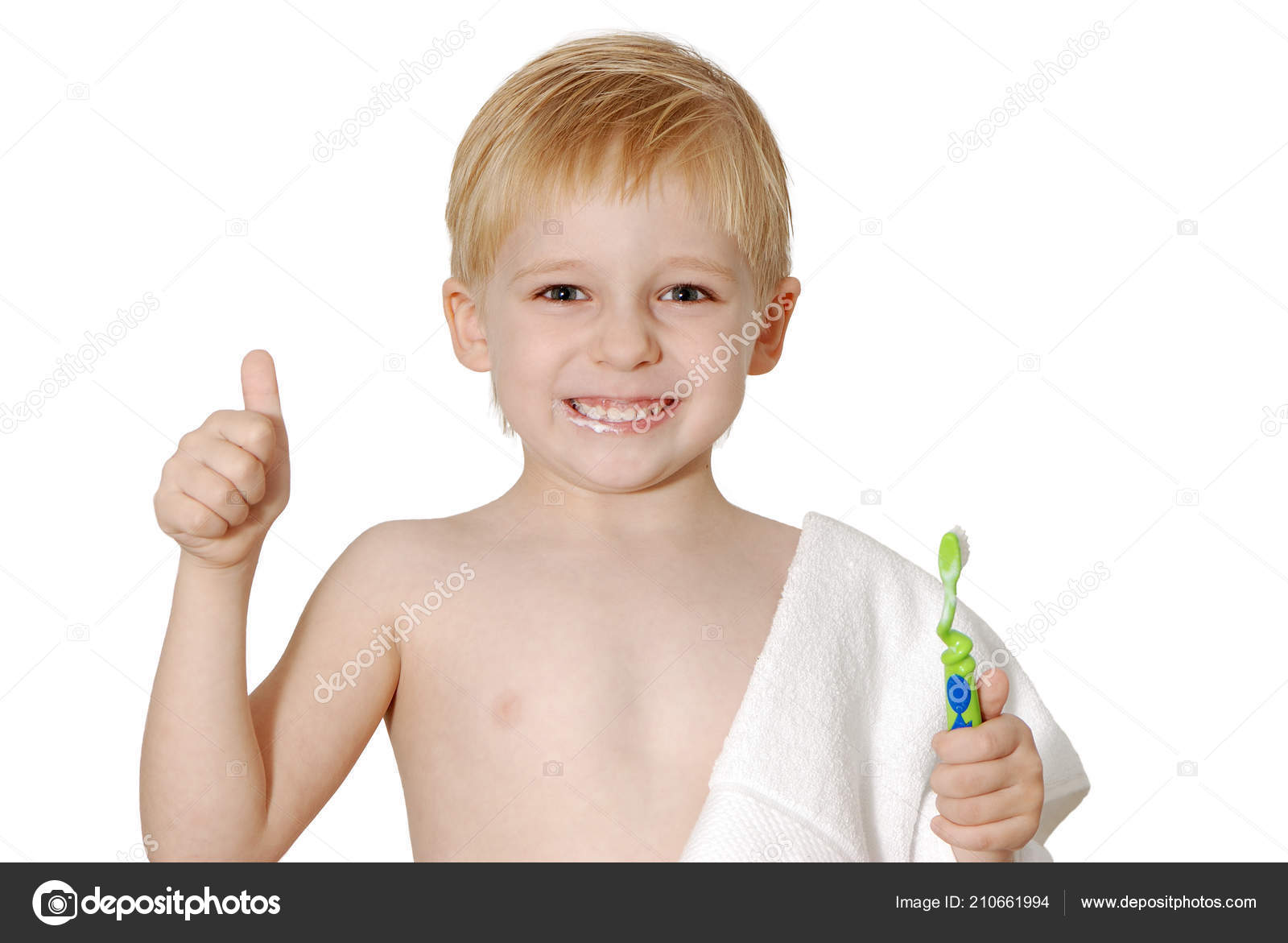 Happy Boy Toothbrush Towel Showing Thumb Isolated Happy Boy Toothbrush Towel Showing Thumb Isolated