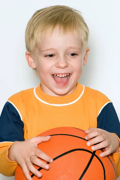 Happy Little Boy Basketball Ball Isolated White Background Copy Space — Stock Photo, Image