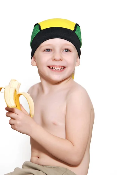 Adorável Loiro Shirtless Menino Chapéu Comer Banana Isolado Branco — Fotografia de Stock