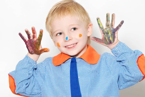 Grappig Jongetje Met Kleur Verf Vlekken Gezicht Handen Geïsoleerd Witte — Stockfoto