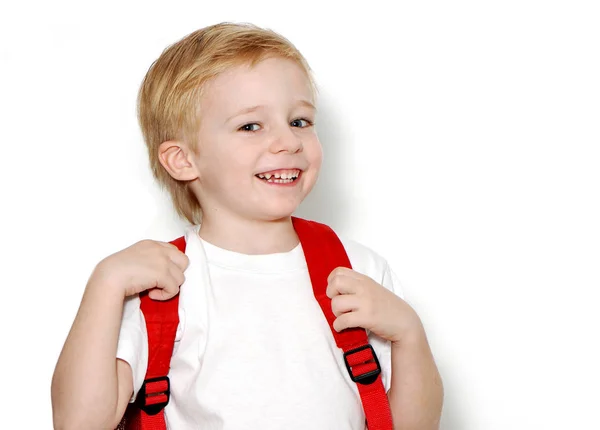 Portrait Happy Little Boy Backpack Posing Isolated White Background Copy — Stock Photo, Image