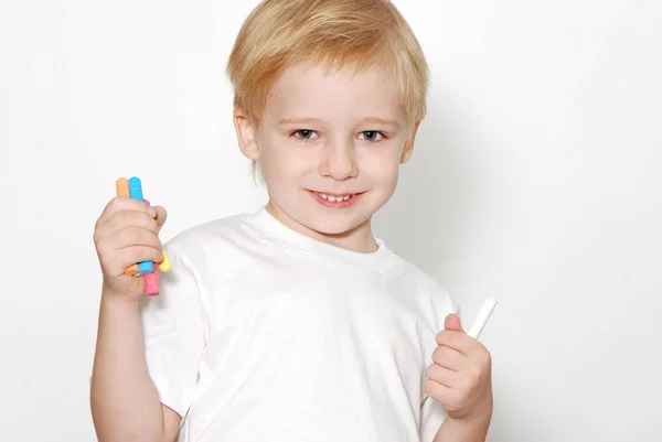 Portrait Cute Blonde Boy Holding Color Pencils Standing Isolated White — Stock Photo, Image