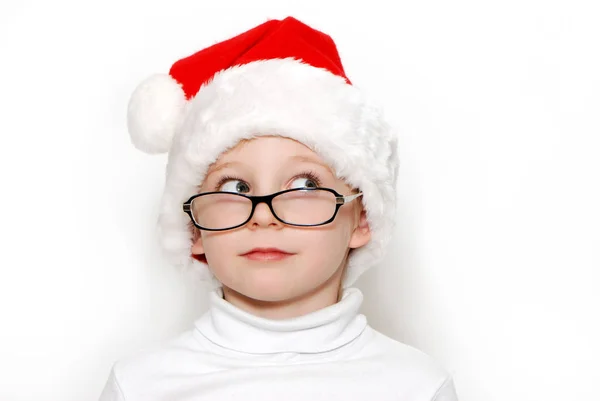 Funny Little Boy Wearing Red Santa Hat Eyeglasses Isolated White — Stock Photo, Image