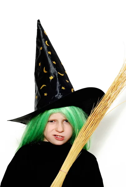 Adorable Boy Witch Costume Broom Halloween Isolated White — Stock Photo, Image