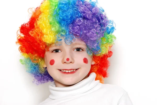Happy Little Boy Red Cheeks Nose Wearing Funny Color Wig — Stock Photo, Image
