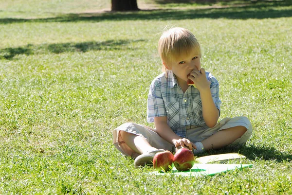 Schattige Kleine Jongen Zittend Groen Gras Lezen Boek Eten Van — Stockfoto