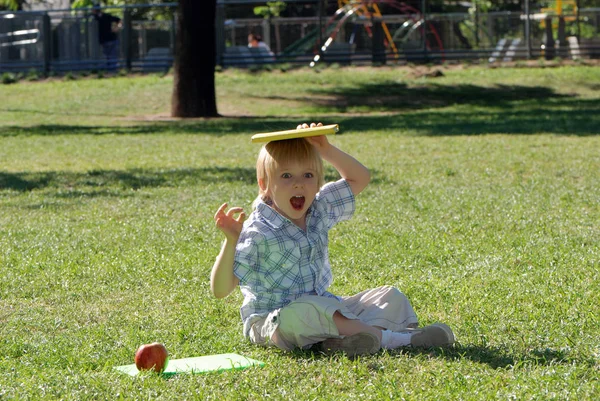 Schattige Kleine Jongen Zittend Het Gras Met Plezier Met Boek — Stockfoto