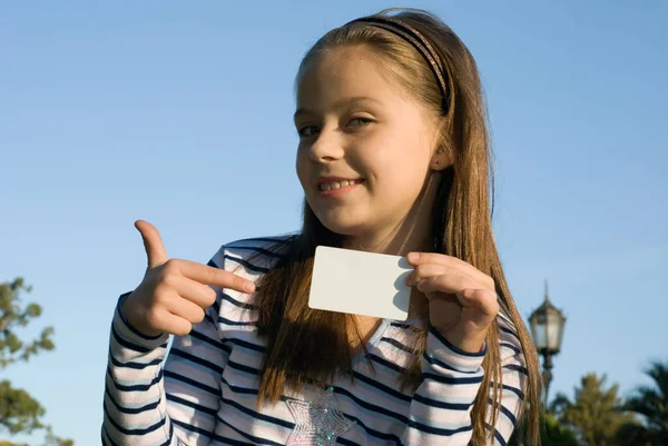 Adorable Teenager Pointing Blank Card Blue Sky — Stock Photo, Image