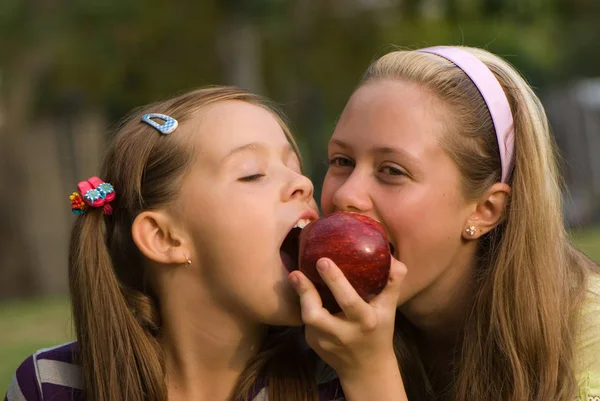Portrait Two Sisters Eating Apple Park — Stock Photo, Image
