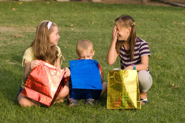 Geschwister Schauen Einkaufstüten Auf Grünem Gras Park — Stockfoto