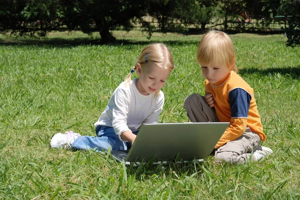 Adorables Niños Pequeños Usando Ordenador Portátil Juntos Parque — Foto de Stock