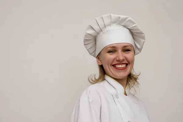 Mulher Adulta Feliz Traje Chef Isolado Branco — Fotografia de Stock