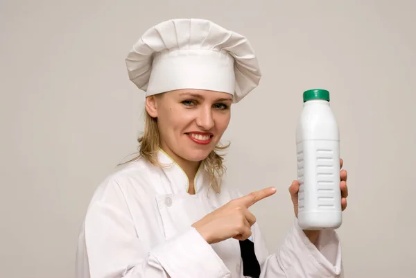 Happy Adult Woman Chef Costume Isolated White — Stock Photo, Image