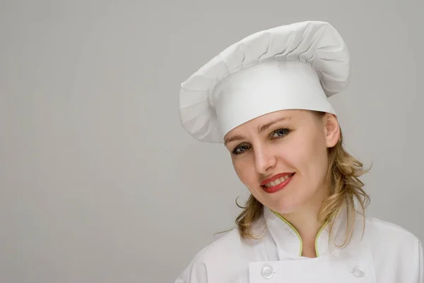 Felice Donna Adulta Costume Chef Isolato Bianco — Foto Stock