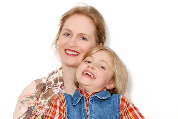 Portrait Mother Daughter Embracing Isolated White — Stock Photo, Image