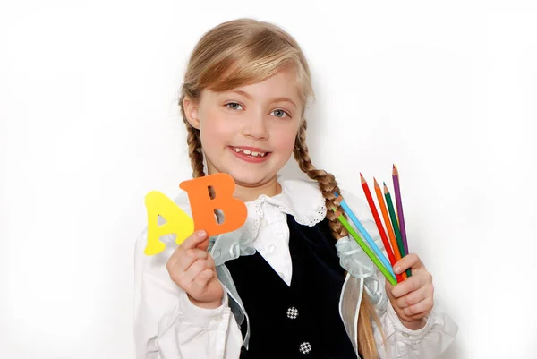 Porträt Der Schönen Teenie Schülerin Mit Schulmaterial Vor Weißer Wand — Stockfoto