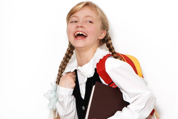 Portret Van Mooie Tiener School Meisje Voor Witte Muur — Stockfoto