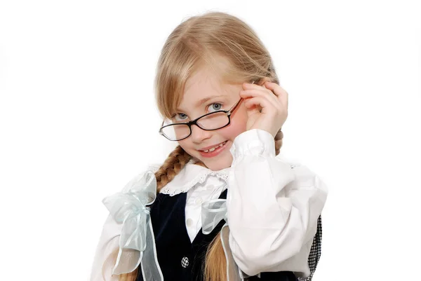 Portret Van Mooie Tiener School Meisje Voor Witte Muur — Stockfoto