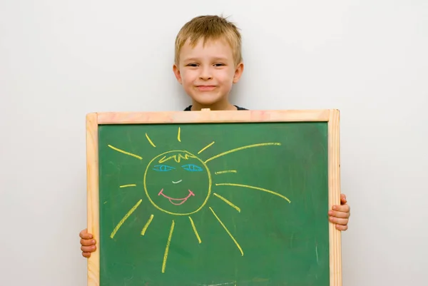 Cute Little Boy Chalkboard Front White Wall — Stock Photo, Image