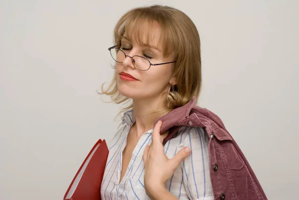 Portrait Beautiful Adult Woman Eyeglasses White — Stock Photo, Image