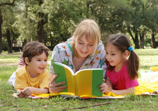 Young Woman Spending Time Kids Park Reading Book — ストック写真