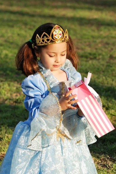 Portrait Petite Fille Adorable Dans Robe Princesse Avec Boîte Cadeau — Photo