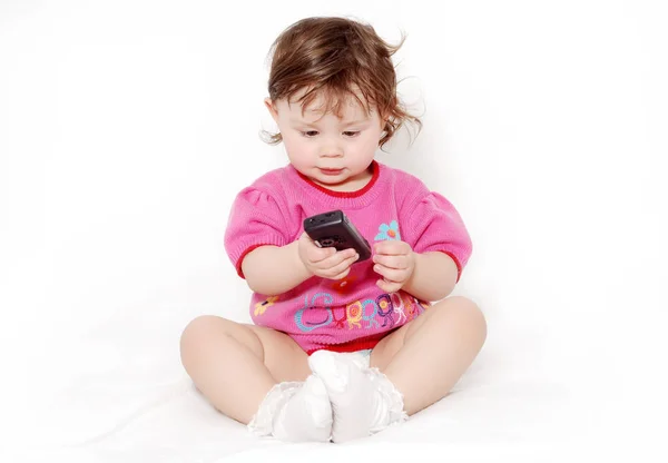 Portrait Petite Fille Adorable Avec Téléphone Isolement Sur Blanc — Photo