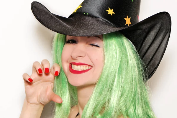 Nahaufnahme Porträt Der Schönen Erwachsenen Frau Halloween Kostüm Isoliert Auf — Stockfoto