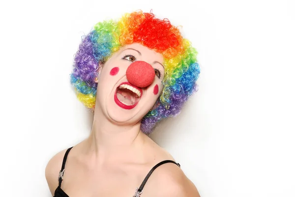 Close Portrait Happy Adult Woman Clown Costume Isolated White — Stock Photo, Image