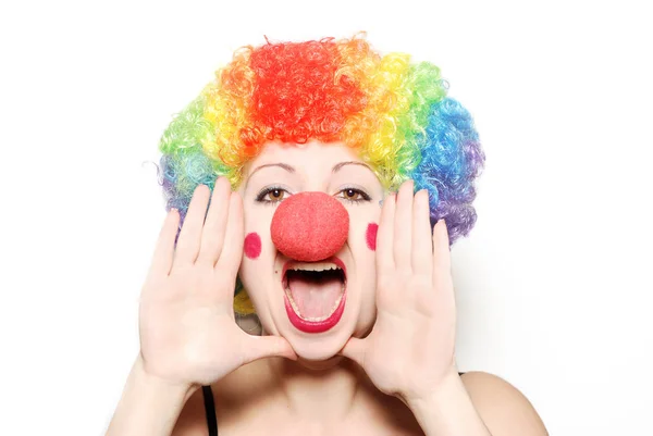 Close Portrait Happy Adult Woman Clown Costume Isolated White — Stock Photo, Image